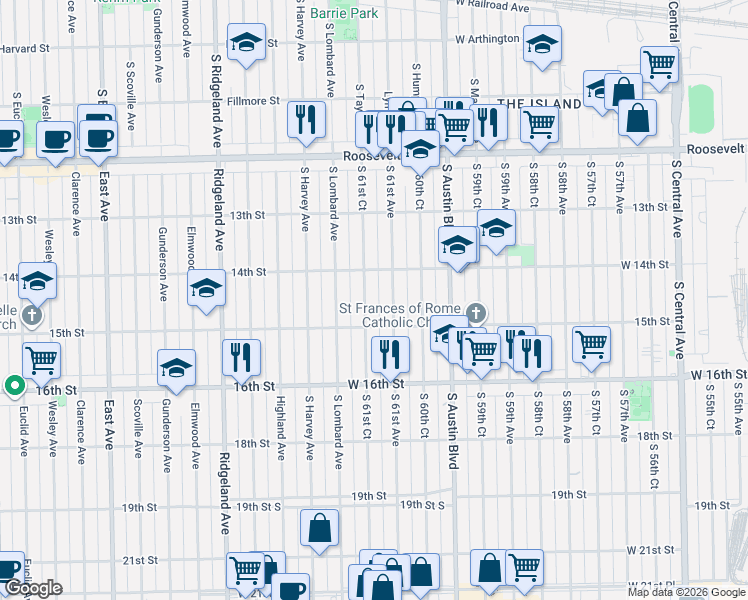 map of restaurants, bars, coffee shops, grocery stores, and more near 1436 South 61st Avenue in Cicero
