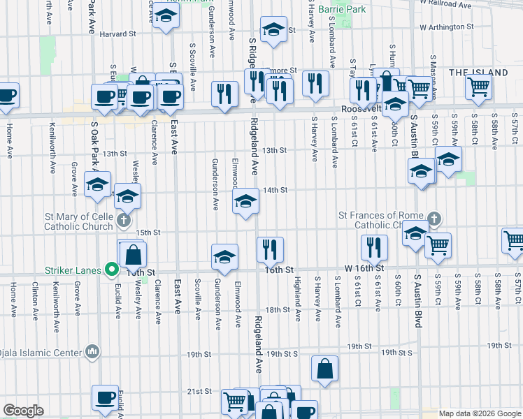 map of restaurants, bars, coffee shops, grocery stores, and more near 1432 Cuyler Avenue in Berwyn