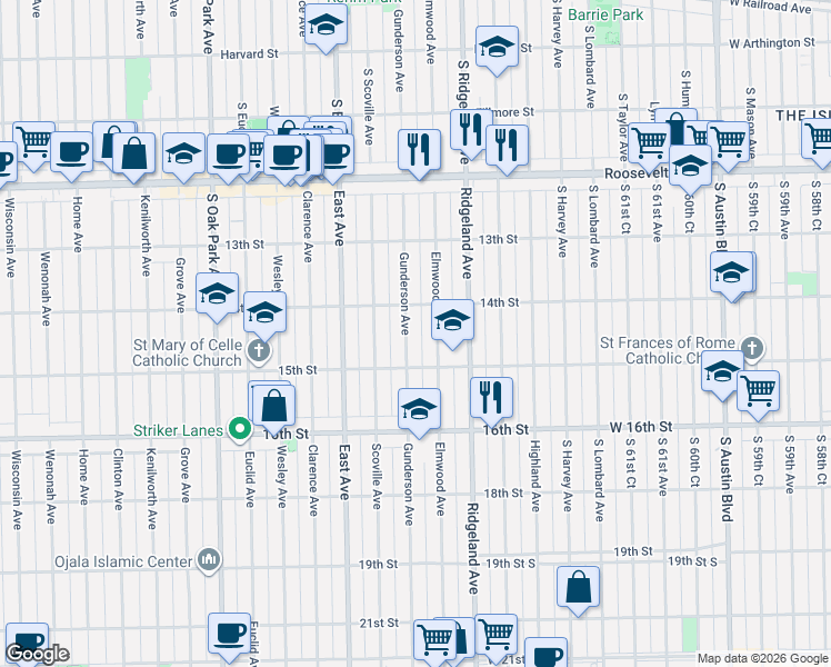 map of restaurants, bars, coffee shops, grocery stores, and more near 1429 Gunderson Avenue in Berwyn