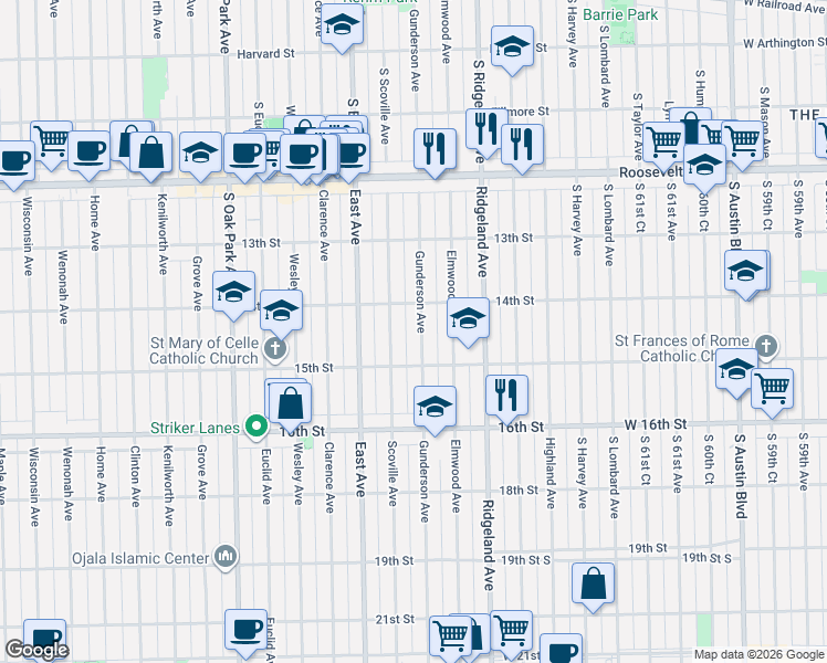 map of restaurants, bars, coffee shops, grocery stores, and more near 1429 Gunderson Avenue in Berwyn
