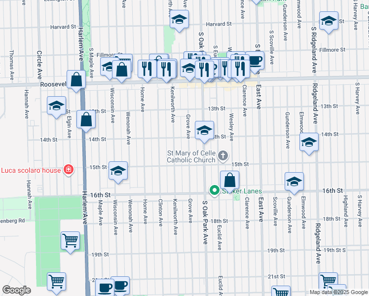map of restaurants, bars, coffee shops, grocery stores, and more near 1426 Grove Avenue in Berwyn