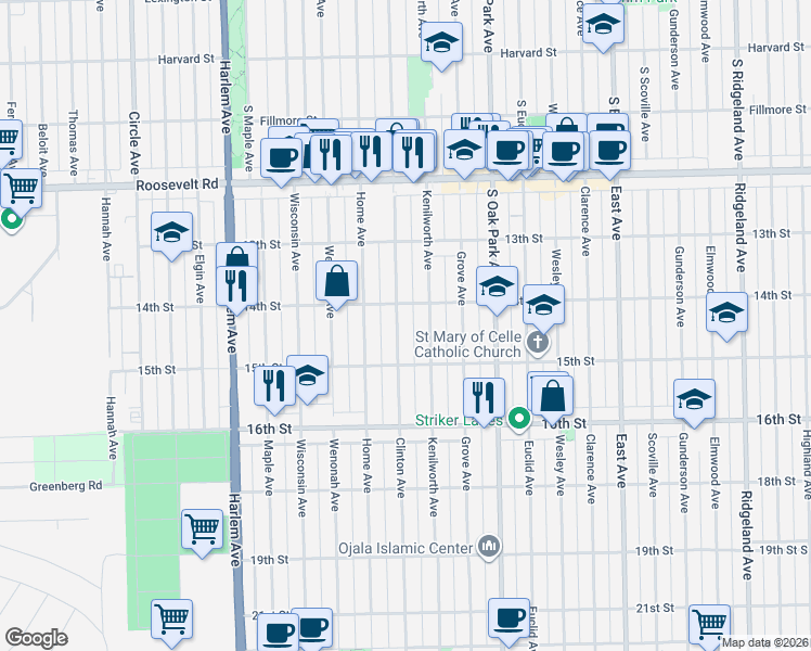 map of restaurants, bars, coffee shops, grocery stores, and more near 1430 Kenilworth Avenue in Berwyn