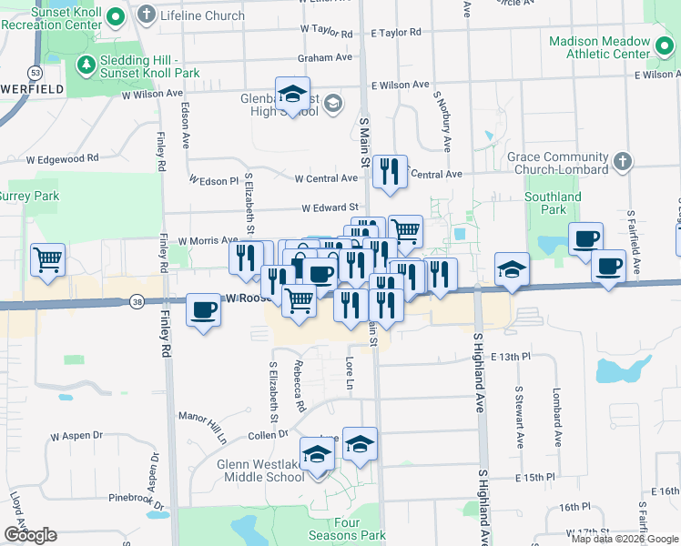 map of restaurants, bars, coffee shops, grocery stores, and more near 20W631 Glen Court in Lombard