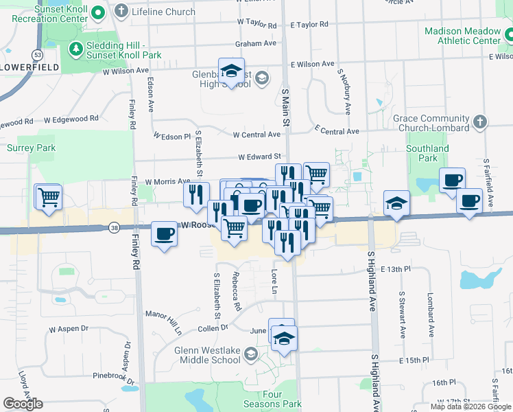 map of restaurants, bars, coffee shops, grocery stores, and more near 54 South Lincoln Street in Lombard