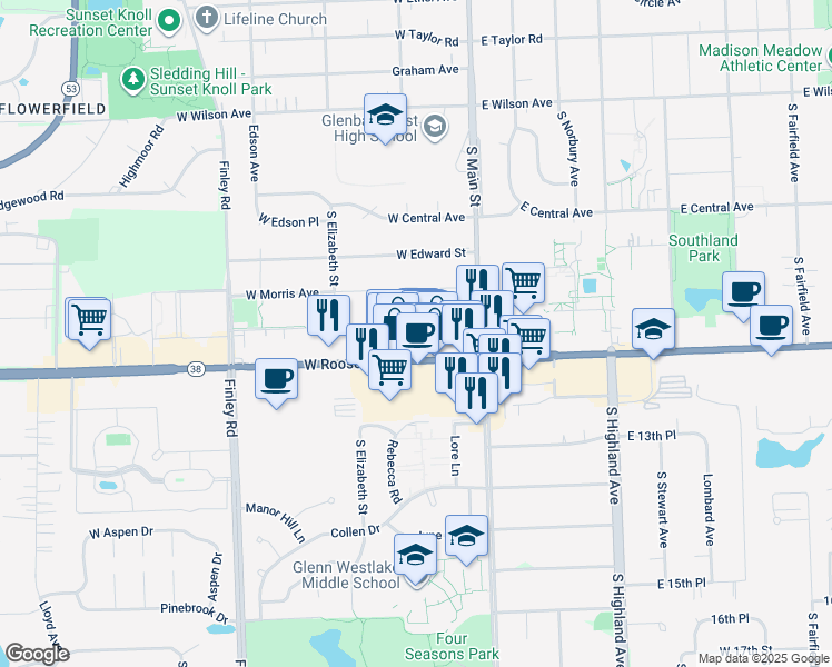 map of restaurants, bars, coffee shops, grocery stores, and more near 54 South Lincoln Street in Lombard