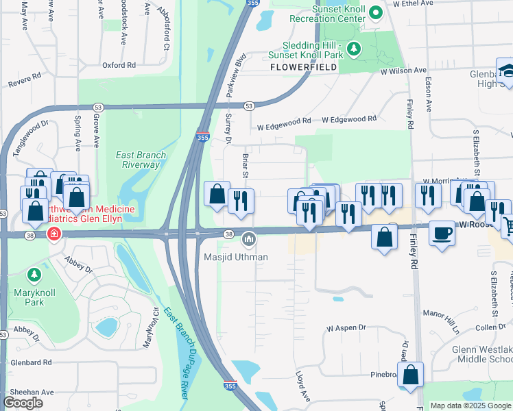 map of restaurants, bars, coffee shops, grocery stores, and more near 33 Briar Street in Glen Ellyn