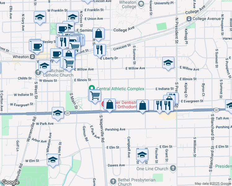map of restaurants, bars, coffee shops, grocery stores, and more near 517 South Washington Street in Wheaton