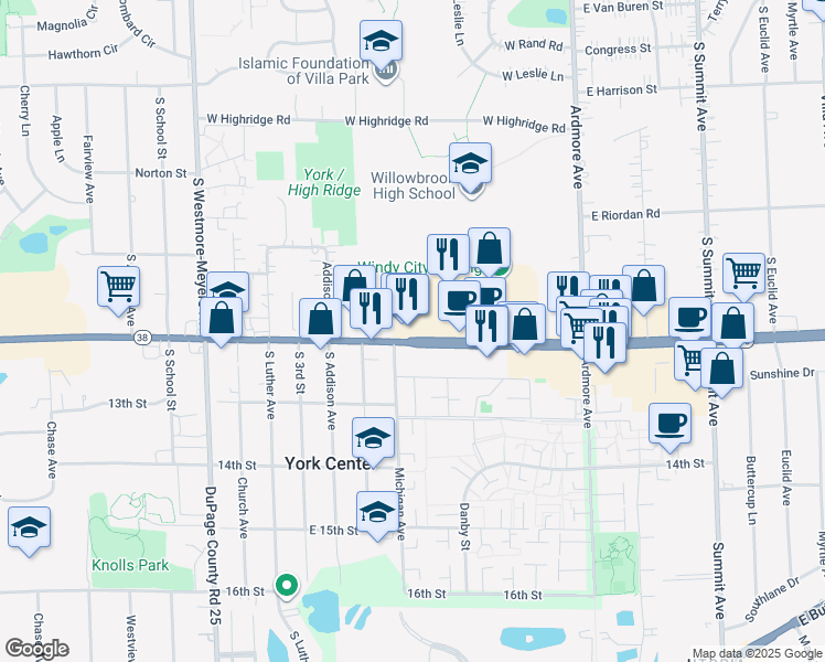map of restaurants, bars, coffee shops, grocery stores, and more near 298 Illinois 38 in Villa Park