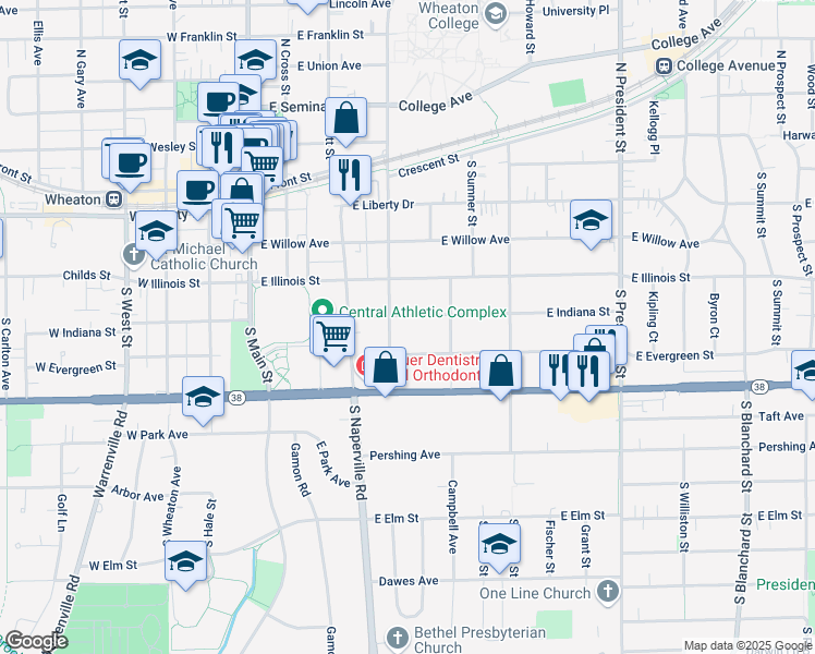 map of restaurants, bars, coffee shops, grocery stores, and more near 517 South Washington Street in Wheaton