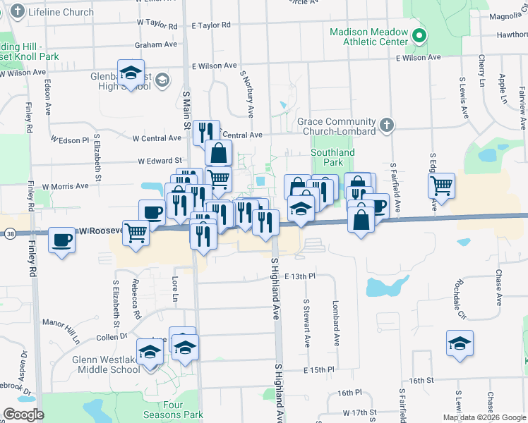 map of restaurants, bars, coffee shops, grocery stores, and more near 200 East Roosevelt Road in Lombard