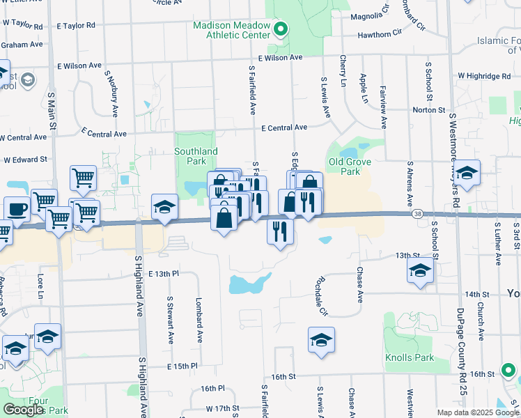 map of restaurants, bars, coffee shops, grocery stores, and more near 1189 South Fairfield Avenue in Lombard