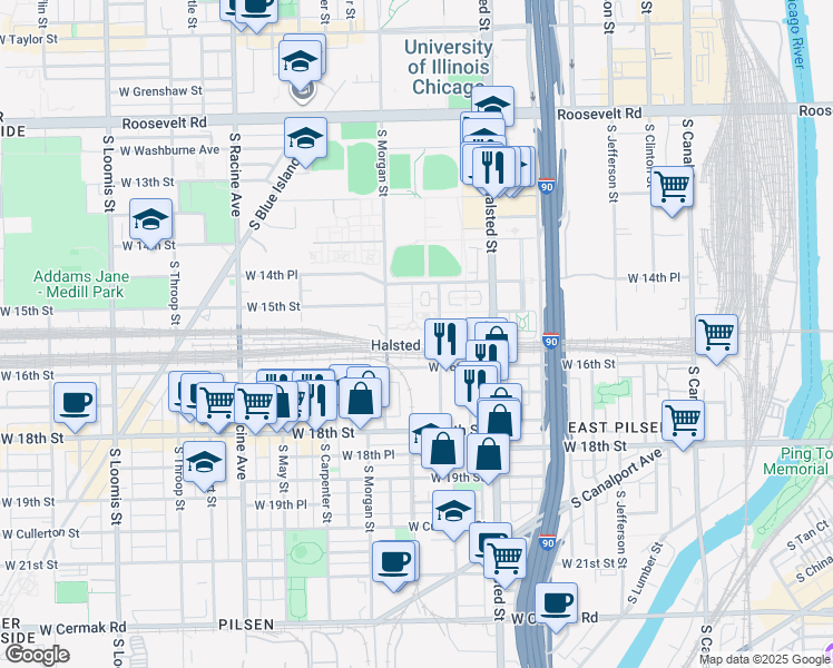 map of restaurants, bars, coffee shops, grocery stores, and more near 1525 South Sangamon Street in Chicago