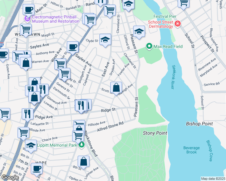 map of restaurants, bars, coffee shops, grocery stores, and more near 139 Oak Hill Avenue in Pawtucket