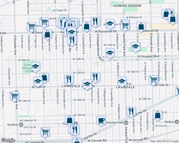 map of restaurants, bars, coffee shops, grocery stores, and more near 1456 South Avers Avenue in Chicago