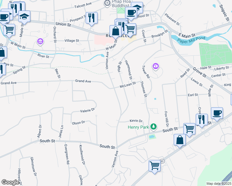 map of restaurants, bars, coffee shops, grocery stores, and more near 69 Vernon Avenue in Vernon
