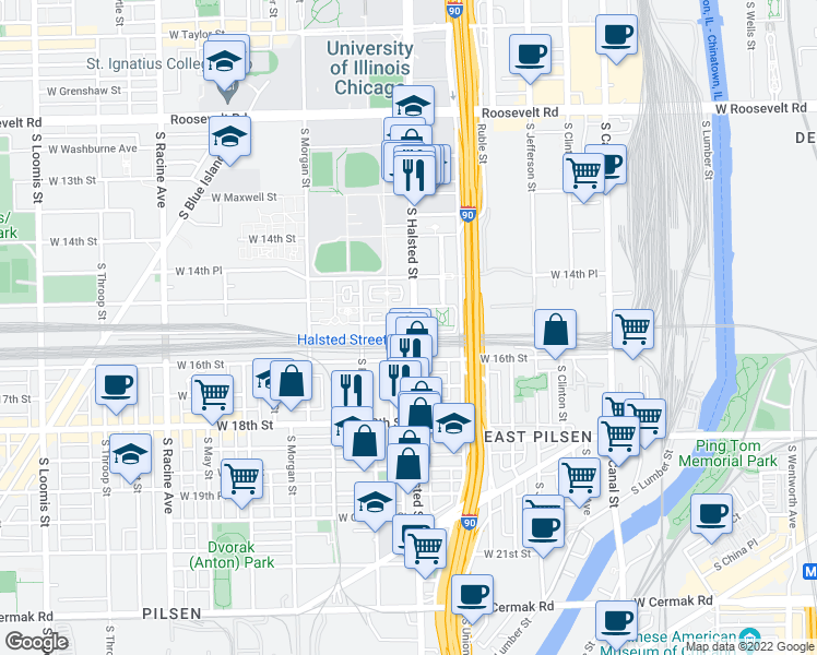 map of restaurants, bars, coffee shops, grocery stores, and more near 1535 South Halsted Street in Chicago
