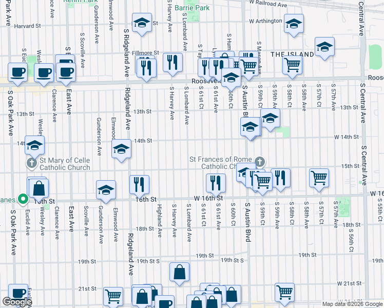 map of restaurants, bars, coffee shops, grocery stores, and more near 1435 South Lombard Avenue in Cicero