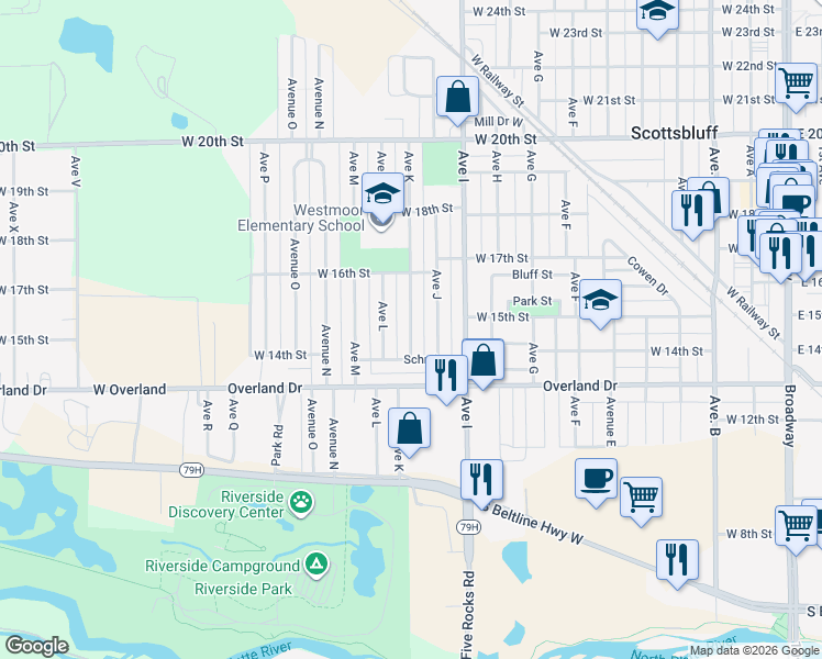 map of restaurants, bars, coffee shops, grocery stores, and more near 1401 Ave K in Scottsbluff