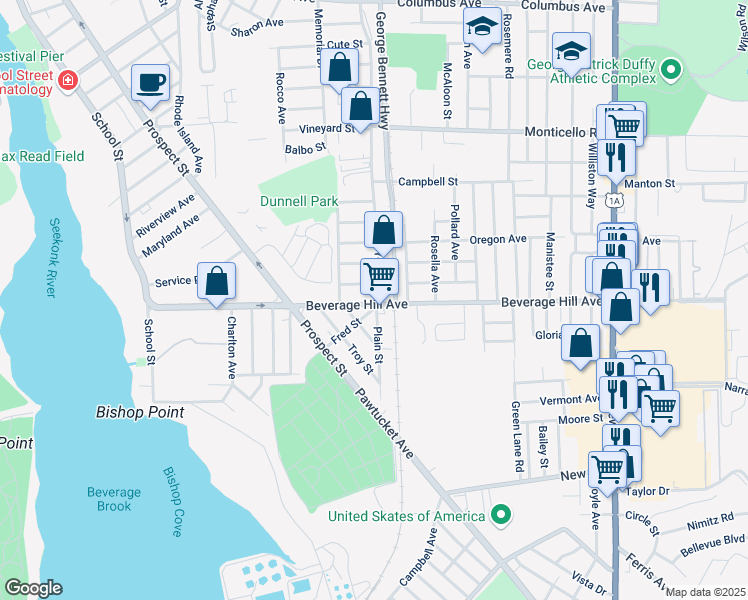 map of restaurants, bars, coffee shops, grocery stores, and more near in Pawtucket