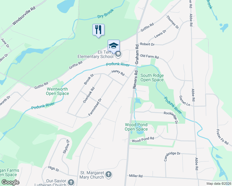 map of restaurants, bars, coffee shops, grocery stores, and more near 545 Graham Road in South Windsor