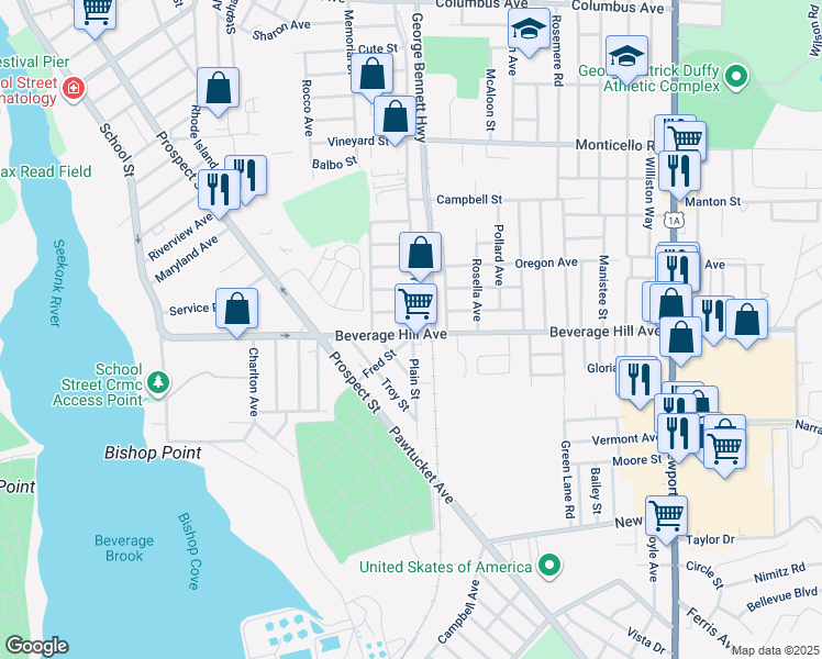 map of restaurants, bars, coffee shops, grocery stores, and more near in Pawtucket
