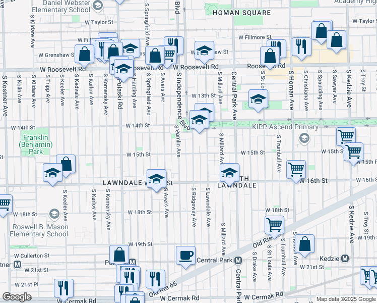 map of restaurants, bars, coffee shops, grocery stores, and more near 1507 South Hamlin Avenue in Chicago