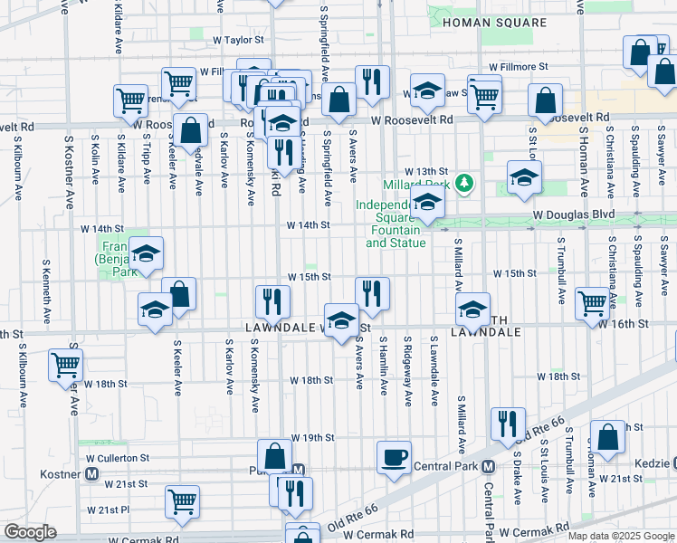 map of restaurants, bars, coffee shops, grocery stores, and more near 1502 South Avers Avenue in Chicago