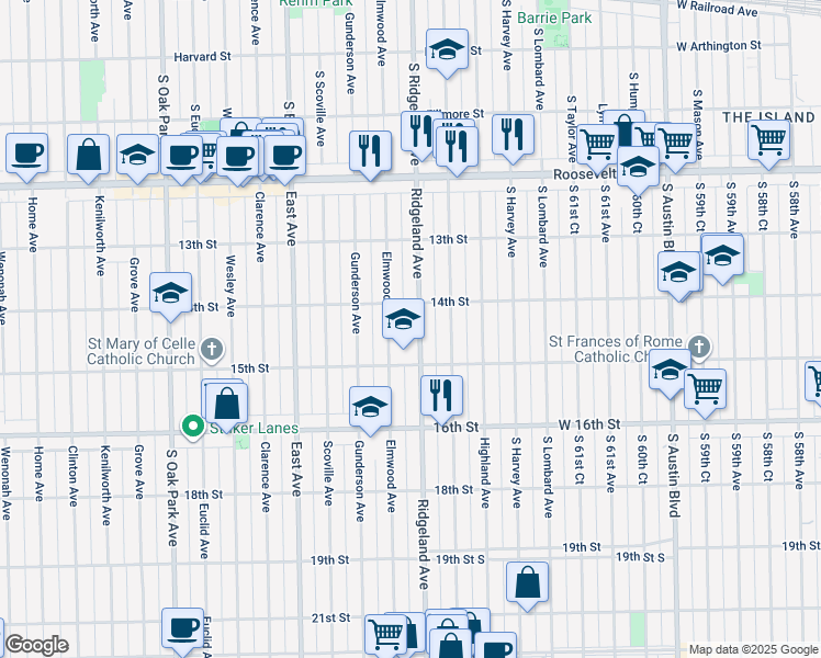 map of restaurants, bars, coffee shops, grocery stores, and more near 1430 Elmwood Avenue in Berwyn
