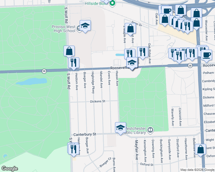map of restaurants, bars, coffee shops, grocery stores, and more near 1319 Evers Avenue in Westchester