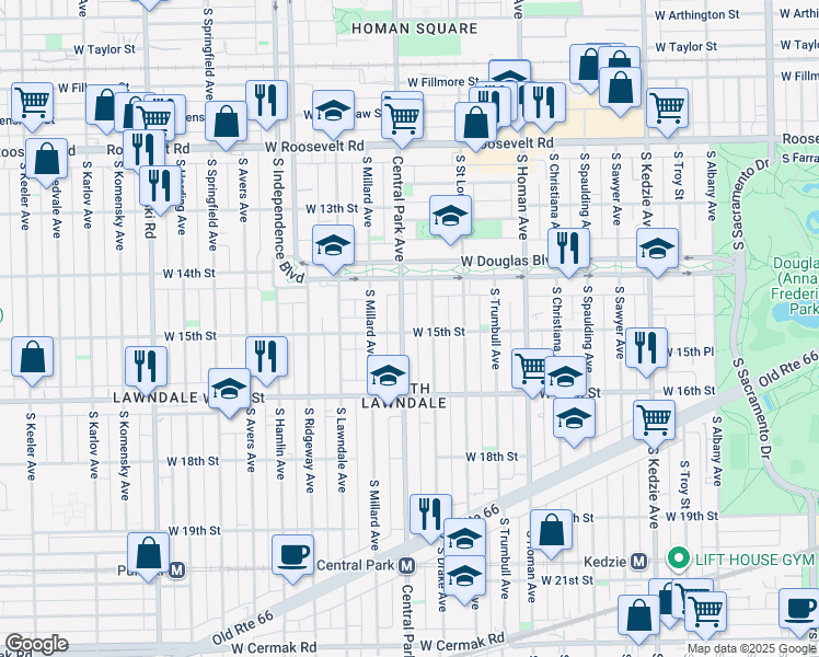 map of restaurants, bars, coffee shops, grocery stores, and more near 1508 South Central Park Avenue in Chicago