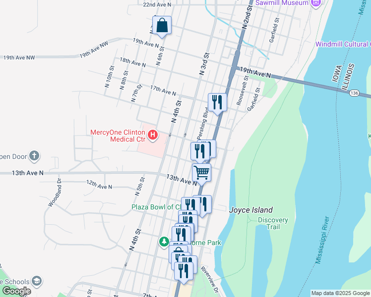 map of restaurants, bars, coffee shops, grocery stores, and more near 1410 Pershing Boulevard in Clinton