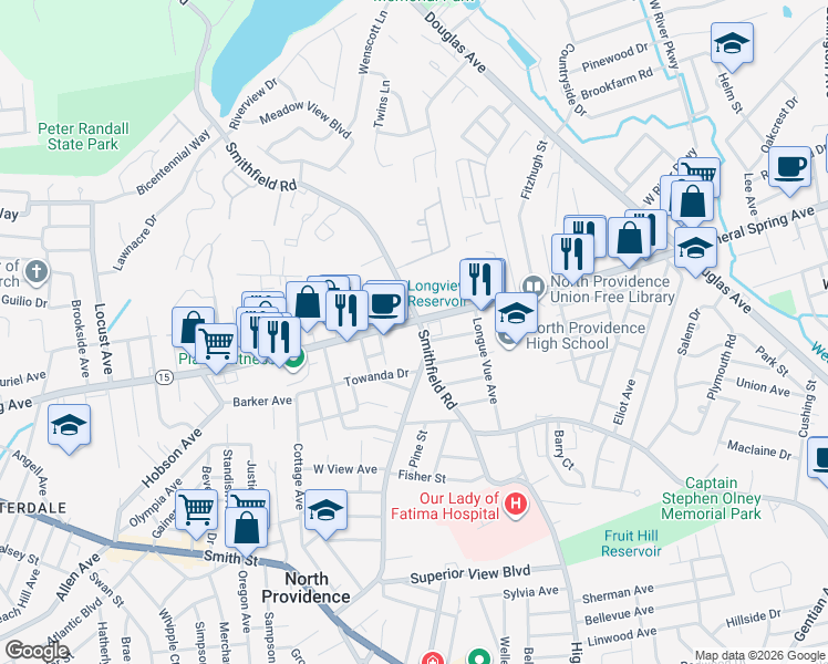 map of restaurants, bars, coffee shops, grocery stores, and more near 461 Smithfield Road in North Providence