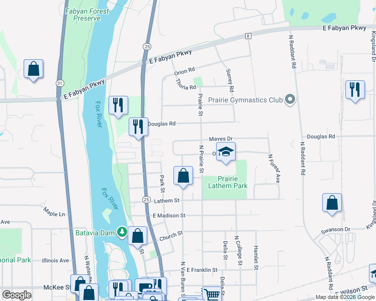 map of restaurants, bars, coffee shops, grocery stores, and more near 330 Ozier Drive in Batavia