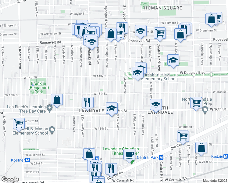 map of restaurants, bars, coffee shops, grocery stores, and more near 1502 South Avers Avenue in Chicago