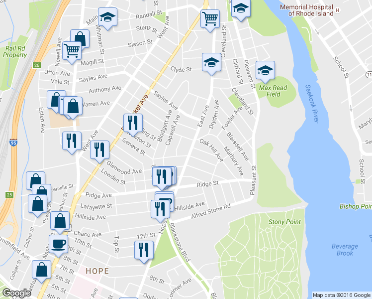 map of restaurants, bars, coffee shops, grocery stores, and more near 625 East Avenue in Pawtucket