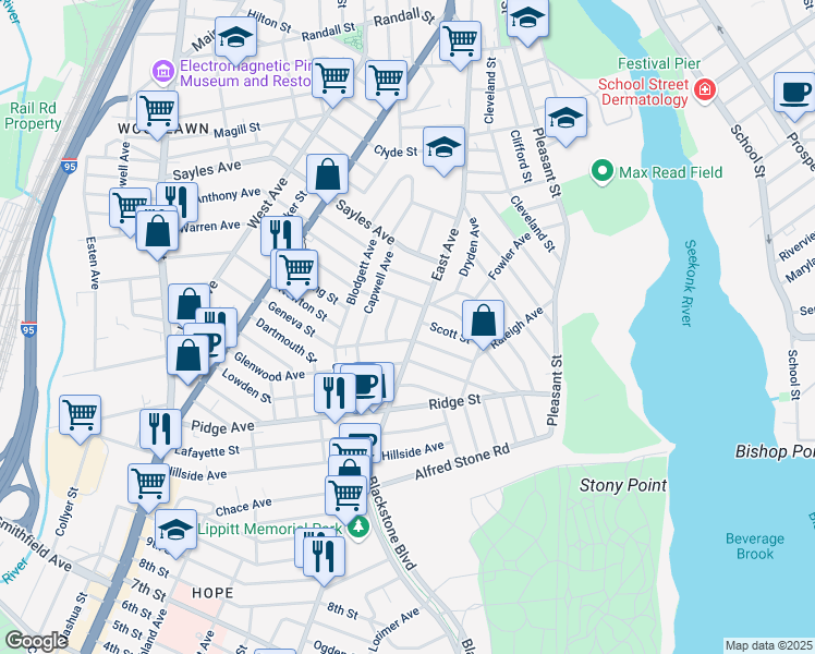 map of restaurants, bars, coffee shops, grocery stores, and more near 625 East Avenue in Pawtucket