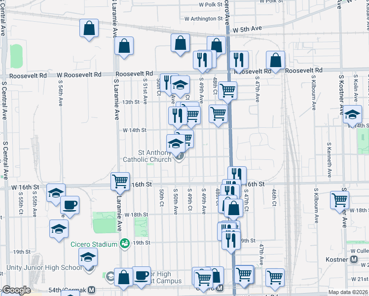 map of restaurants, bars, coffee shops, grocery stores, and more near 1444 South 49th Court in Cicero