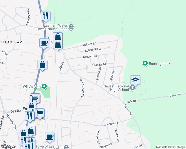 map of restaurants, bars, coffee shops, grocery stores, and more near 2310 Nauset Road in Eastham