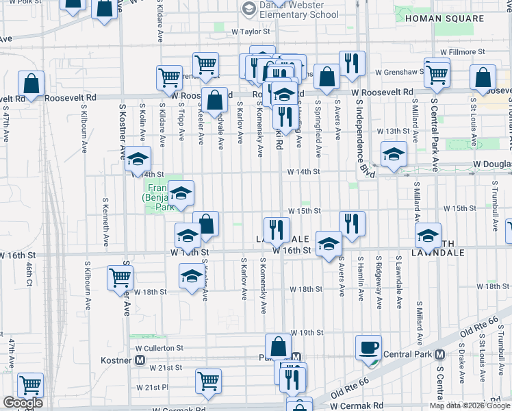 map of restaurants, bars, coffee shops, grocery stores, and more near 1501 South Komensky Avenue in Chicago