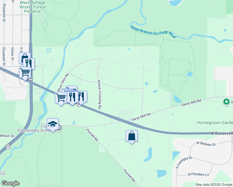 map of restaurants, bars, coffee shops, grocery stores, and more near S567 Prince Crossing Road in West Chicago