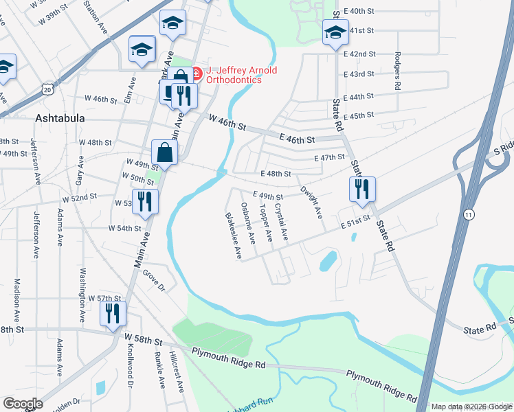 map of restaurants, bars, coffee shops, grocery stores, and more near 4948 Osborne Avenue in Ashtabula