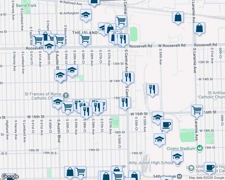 map of restaurants, bars, coffee shops, grocery stores, and more near 1433 South 57th Avenue in Cicero