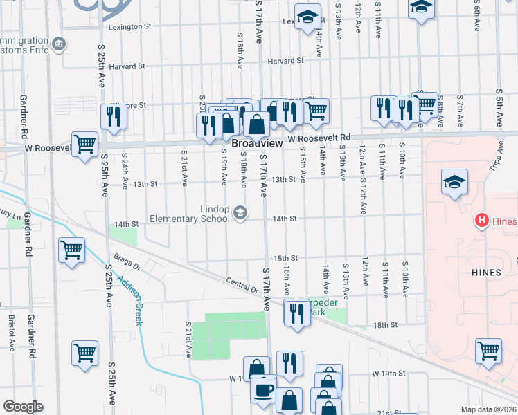 map of restaurants, bars, coffee shops, grocery stores, and more near 2359 South 18th Avenue in Broadview