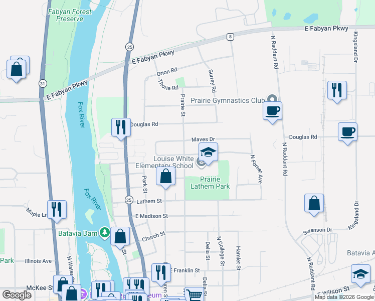 map of restaurants, bars, coffee shops, grocery stores, and more near 330 Ozier Drive in Batavia