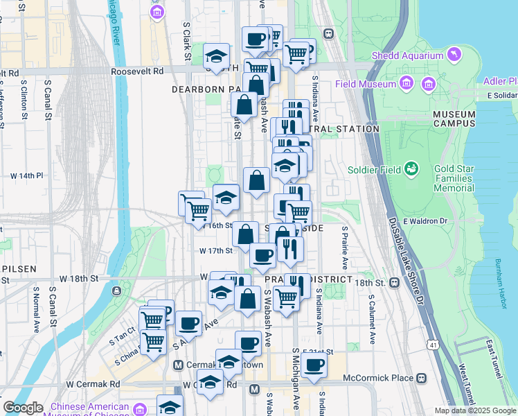 map of restaurants, bars, coffee shops, grocery stores, and more near 50 East 16th Street in Chicago