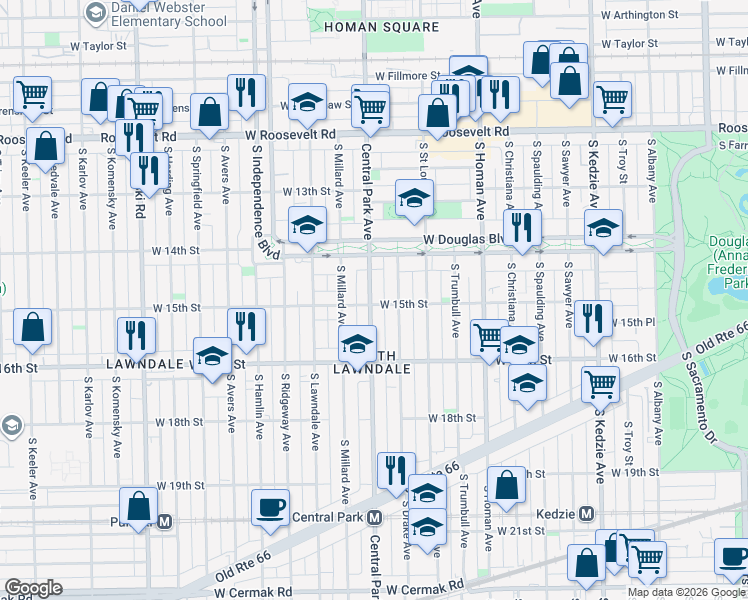 map of restaurants, bars, coffee shops, grocery stores, and more near 3556 West 15th Street in Chicago