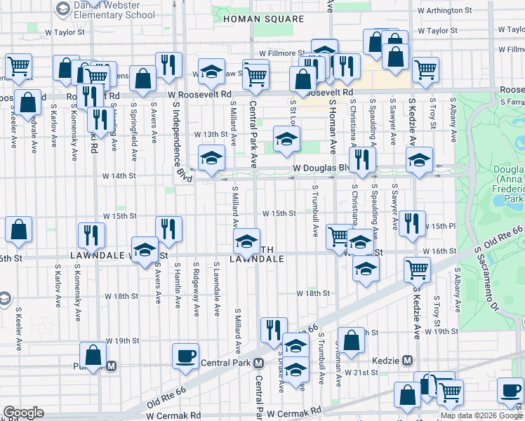 map of restaurants, bars, coffee shops, grocery stores, and more near 3550 West 15th Street in Chicago