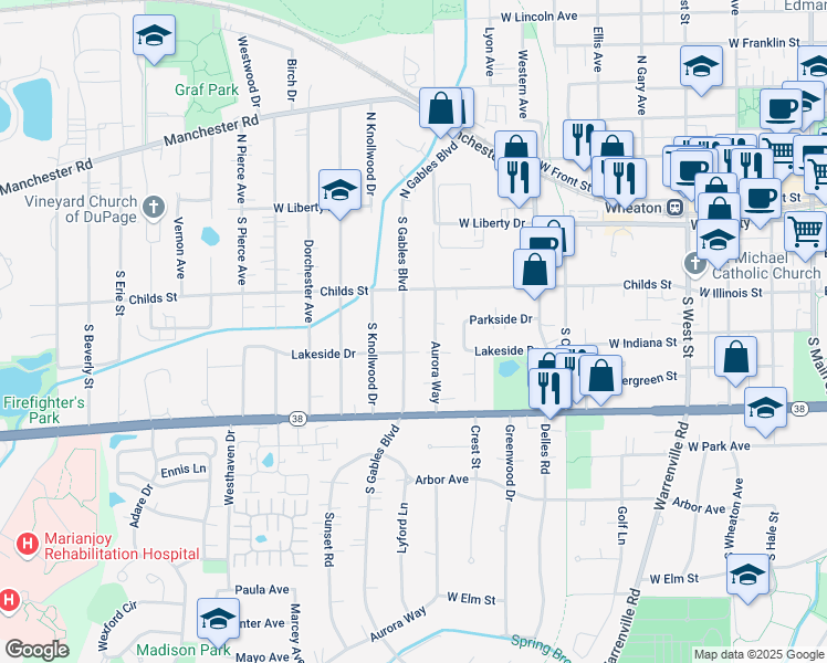 map of restaurants, bars, coffee shops, grocery stores, and more near 1017 Lakeside Drive in Wheaton
