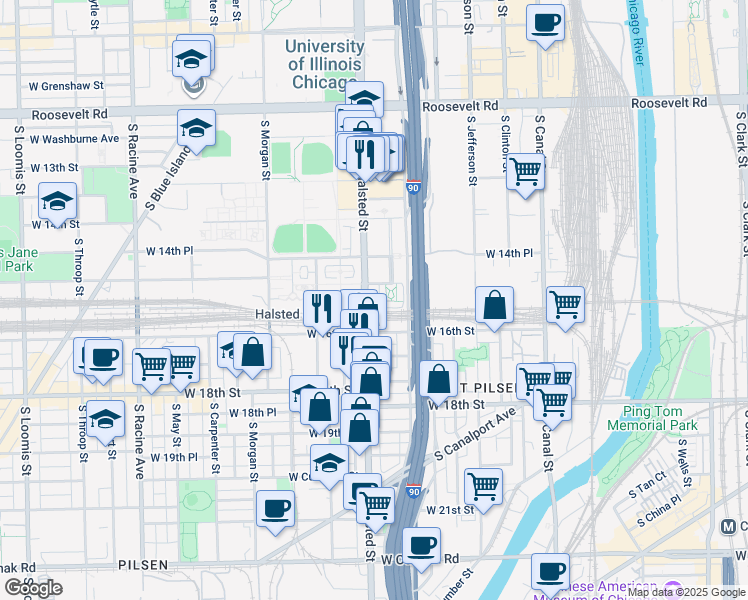 map of restaurants, bars, coffee shops, grocery stores, and more near 765 West 15th Street in Chicago