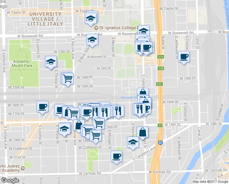 map of restaurants, bars, coffee shops, grocery stores, and more near South Morgan Street & West 15th Place in Chicago